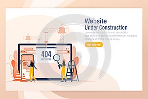 Flat under construction with people for web site design. Minimal design. Technology concept. Flat business template.