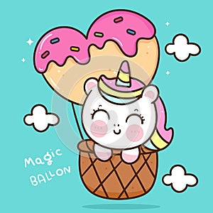 Flat unicorn cartoon pony child in heart balloon vector kawaii animals background