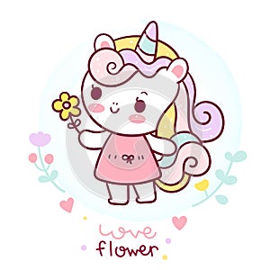 Flat unicorn fairy cartoon Pony Child vector with flower Kawaii style: Series Fairytale animals Girly doodles.