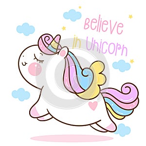 Flat unicorn fairy cartoon Pony Child vector fly in sky Kawaii style: Series Fairytale animals Girly doodles. Perfect for Nurser