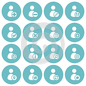 Flat user account management icons on round glaucous backgrounds