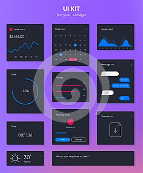Flat user interface vector set for website development and mobile application design. Message box, dashboards, timer, calendar