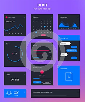 Flat user interface vector set for website development and mobile application design. Message box, dashboards, timer