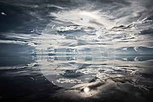 Flat uyuni salt and desert , infinite mirror and water, blue, sunset, landscape, siluettes, storms, beautiful, awesome, paradise,