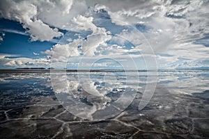 Flat uyuni salt and desert , infinite mirror and water, blue, sunset, landscape, siluettes, storms, beautiful, awesome, paradise,