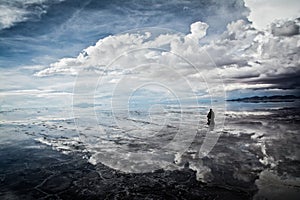 Flat uyuni salt and desert , infinite mirror and water, blue, sunset, landscape, siluettes, storms, beautiful, awesome, paradise,
