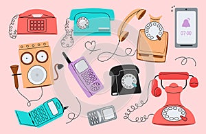 Flat various telephones. Historical wire telephone, vintage communication technology. Isolated phones, colour call