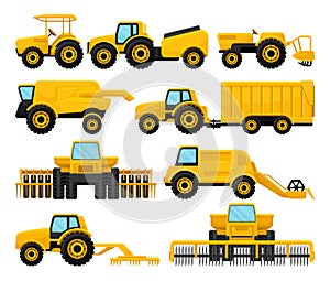 Flat vecto set of yellow agricultural machinery. Tractors and combine harvesters. Farm vehicle. Equipment for field work