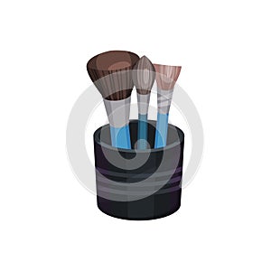 Flat vectoe set of three different professional makeup brushes in small black cup. Cosmetic tools. Beauty industry