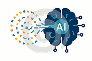 Flat vector abstract data spiral entering AI brain core, machine learning flow, isolated on white