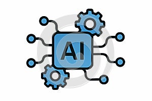 Flat vector AI algorithm icon with gears and flow lines, simple tech shape, isolated on white