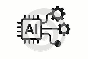 Flat vector AI algorithm icon with gears and flow lines, simple tech shape, isolated on white