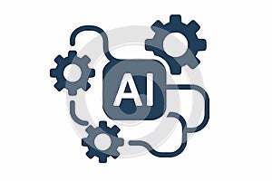 Flat vector AI algorithm icon with gears and flow lines, simple tech shape, isolated on white