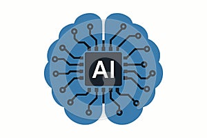 Flat vector AI brain with digital circuits and chip embedded inside, isolated on white