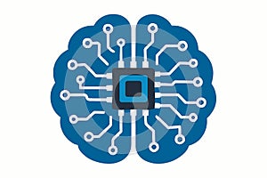 Flat vector AI brain with digital circuits and chip embedded inside, isolated on white