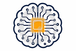 Flat vector AI brain with digital circuits and chip embedded inside, isolated on white
