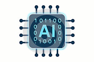 Flat vector AI microchip with glowing outline and binary code pattern, isolated on white