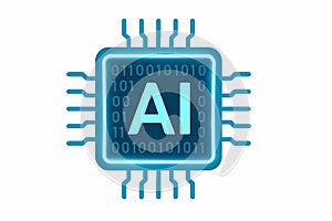 Flat vector AI microchip with glowing outline and binary code pattern, isolated on white