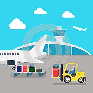 Flat vector airport: plane, luggage, loading, baggage