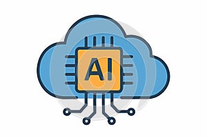 Flat vector artificial intelligence cloud with chip inside, symbol of cloud-based AI, isolated on white