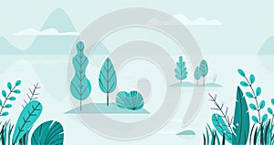Flat vector background of spring landscape with minimal trees, lake, mountains, flowers, grass. Fantasy nature seamless