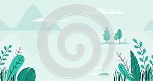 Flat vector background of spring landscape with minimal trees, lake, mountains, flowers, grass. Fantasy nature seamless