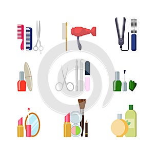 Flat vector beauty shop salon web app icons: makeup hair tools