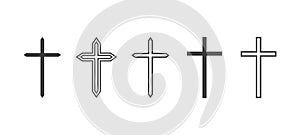 Flat Vector Black Christian Cross Icons Set Isolated on a White Background. Line Silhouette Cut Out Christian Crosses