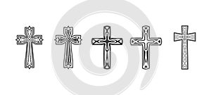 Flat Vector Black Christian Cross Icons Set Isolated on a White Background. Line Silhouette Cut Out Christian Crosses