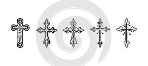 Flat Vector Black Christian Cross Icons Set Isolated on a White Background. Line Silhouette Cut Out Christian Crosses