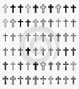 Flat Vector Black and White Christian Cross Icons. Line Silhouette Cut Out Black Christian Crosses Collection Isolated.