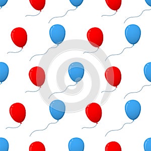 Flat vector blue and red birthday air helium balloons seamless pattern in cartoon style isolated on a white background