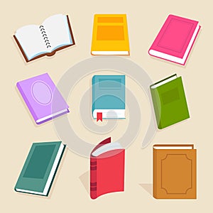 Flat vector books and reading documents. Open science textbook, encyclopedia and dictionary icons