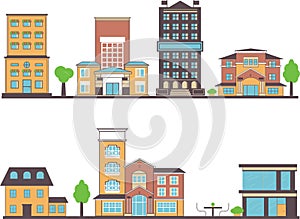 Flat vector buildings set illustration of houses and institutions