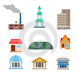 Flat vector buildings website app icon: plant shop municipal photo