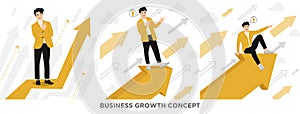 Flat vector business growth businessman standing on a flying arrows target success concept illustration