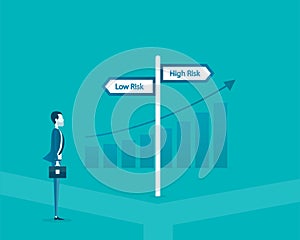 Flat vector business man choose the way between low risk and high risk concept