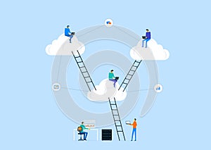 Flat vector business technology server storage and cloud connection concept with people working