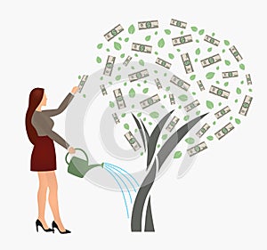 Flat vector businesswoman watering money tree and reaches for the dollar. Successful woman business project investment.