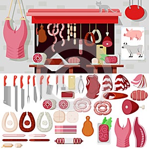 Flat vector butcher shop, meat products, butchery knife, snag