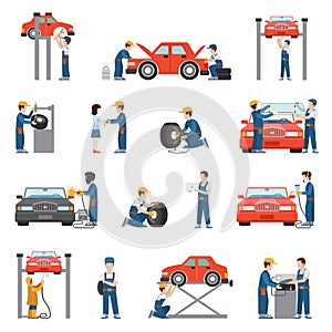 Flat vector car repair service: tire fitting worker mechanics