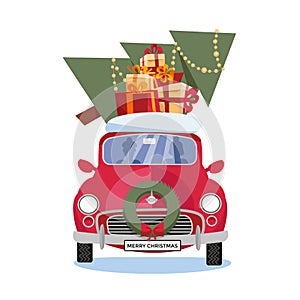 Flat vector cartoon illustration of retro car with gift boxes, snow and christmas tree on the roof on white background. Little