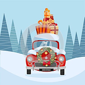 Flat vector cartoon illustration of retro car with present on the roof. Little classic red car carrying gift boxes on its rack.