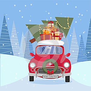 Flat vector cartoon illustration of retro car with presents, christmas tree on roof. Little red car carrying gift boxes. Vehicle