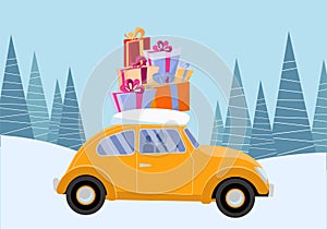 Flat vector cartoon illustration of retro car with presents, christmas tree on roof. Little yellow car carrying gift