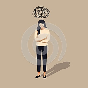 a woman in a depressed mood, scribbling over her head photo