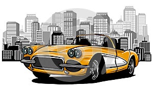 Flat vector cartoon style illustration of landscape street with electric cars, solar panels, wind turbines and mountain