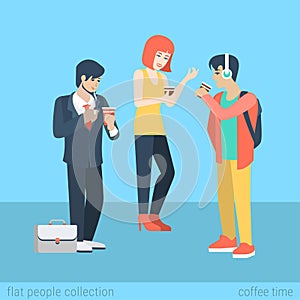 Flat vector casual people drink coffee and smoking cigarette