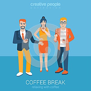 Flat vector casual people drink coffee and smoking cigarette