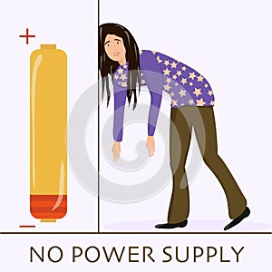 Flat vector character illustration. Tired woman, sleepy mood, weak, mental exhausted. Woman with low energy battery.